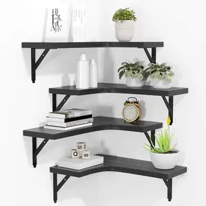 Corner Floating Shelves Wall Mounted Set of 4, Rustic  Storage Display Wall Shelves for  Decor, Bathroom, Kitchen, Bedroom, Living Room, Office (Black)