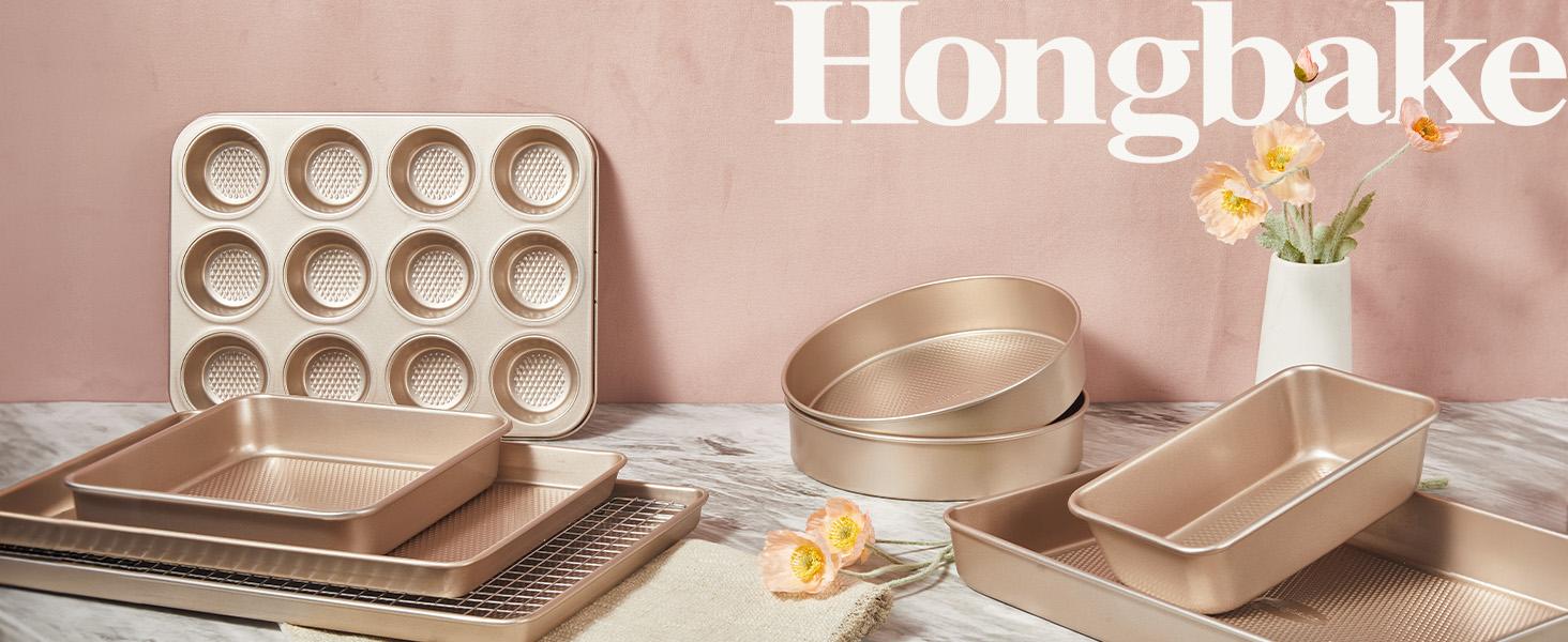 [BF&CM]HONGBAKE 7-Piece Diamond-Texture Bakeware Sets,Non-Stick Baking Sheet Pan Set,Cookie Sheets ,Roasting Pan,Cookware,Gold,Baker Kitchenware Steel