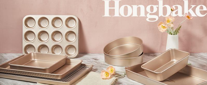 [BF&CM]HONGBAKE 7-Piece Diamond-Texture Bakeware Sets,Non-Stick Baking Sheet Pan Set,Cookie Sheets ,Roasting Pan,Cookware,Gold,Baker Kitchenware Steel