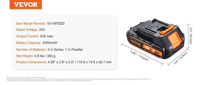VEVOR 20V 4.0Ah Lithium-Ion Battery - High-Capacity Replacement Battery Pack for Power Tools Batteries, Compatible with 20V Cordless Power Tools