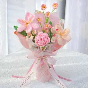 Crochet Flower Bouquet Pink, Handmade Crochet Flowers Bouquet, Knitted Floral Gift for Her Valentines Day Mother’s Day Anniversary Birthday Women Wife Lover Friends with Gift Box Bag and Card