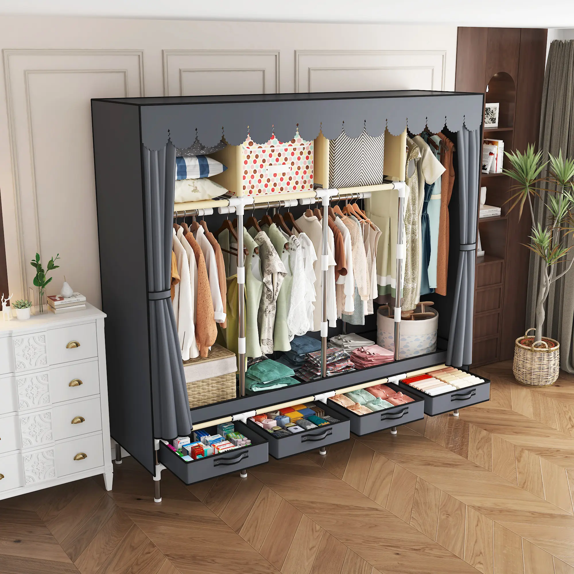 66.9Inch Portable Wardrobe Closet, 3 Storage Spaces with 4 Hanging Rods,4 Drawers，Steel Frame Fabric Organizer, Easy Assembly and Dust Resistant Design