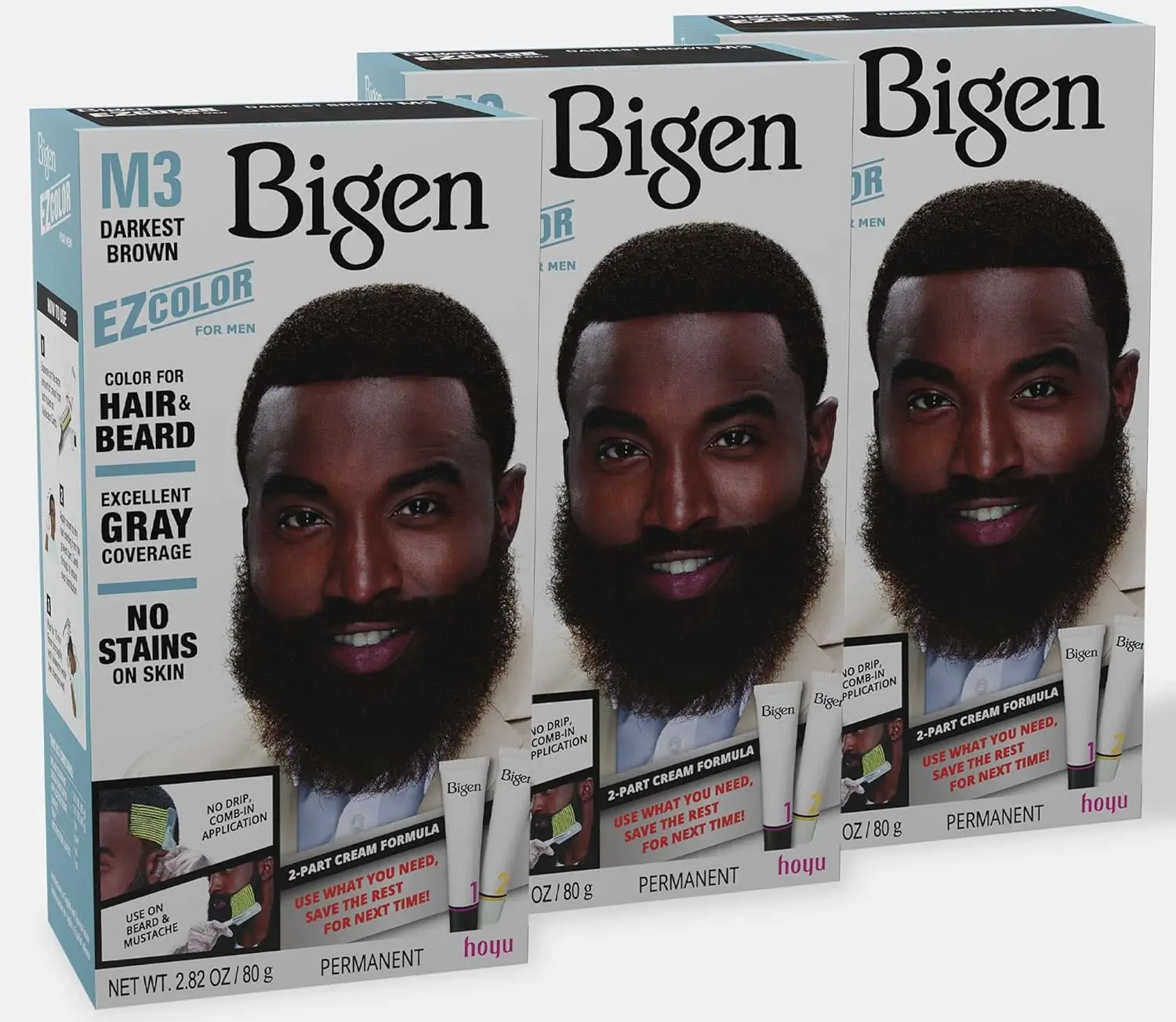 Men's 3-Pack Haircare Comb-in Cream Dye, M3 Darkest Brown, Easy Application, Covers Grey Hair, Natural Looking Permanent Color for Hair and Beard, Beard Dye Permanent Color, Cover Gray Hair