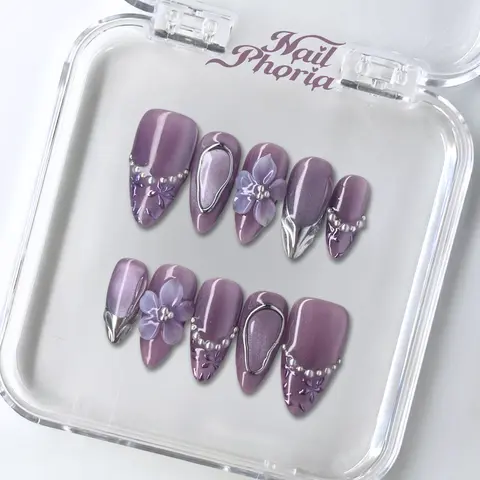 NailPhoria MOONVEIL VIOLET - Handmade Press-On Nails | Reusable, Salon-Quality, Long-Lasting, Glossy Design
