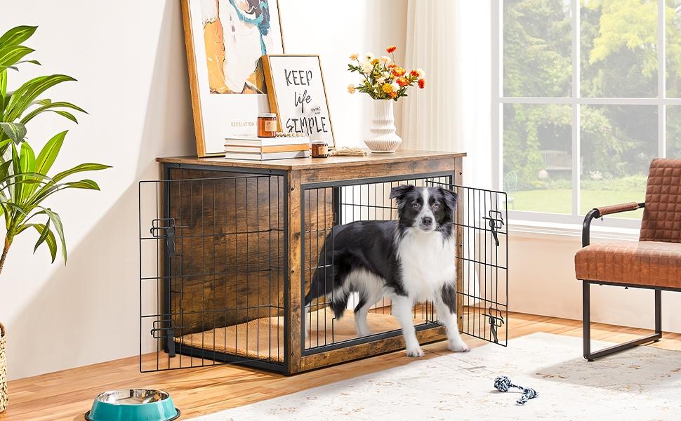 Yaheetech 32/40″ Dog Crate/Chicken Coop Furniture with Anti-skid Plush Mat Wooden Dog Kennel with Double Doors for Small/Medium Dogs