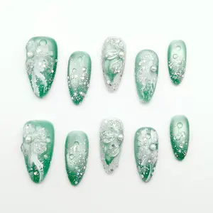 Moonovate | FAIRY MEADOW 10pcs Handmade Press On Nails Almond Nails REUSABLE 3D Gel Fake Nails Acrylic Press On Nails											