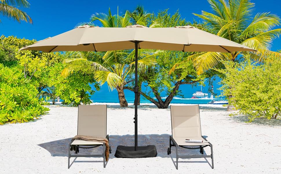 【Crazy Price】Yaheetech 15/13ft Heavy Duty Canopy Double Layer Cloth Patio Umbrella with 12 Ribs Hand Crank for Easy Opening 2 Sandbags Outdoor Design for Garden Pool and Lawn