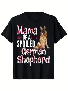 Mama of a Spoiled German Shepherd Graphic Tee - Black Cotton, Casual Crew Neck, Short Sleeve, Dog-Themed Design with Pink Text & Heart Illustration, Perfect for Summer Outdoor Fun, Sizes S-XXXL, Dog Tshirt, Casual Attire, Playful Design, Comfortable Fit,