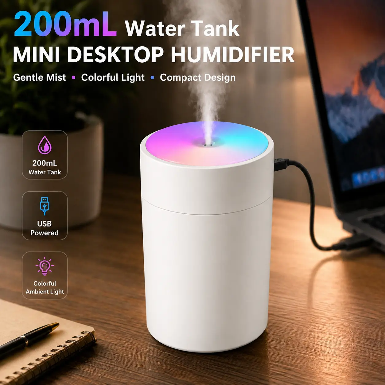 200mL Mini Desktop Humidifier, USB Powered Cool Mist Humidifier with Colorful Gradient Light, Compact Design for Bedroom, Office & Dorm