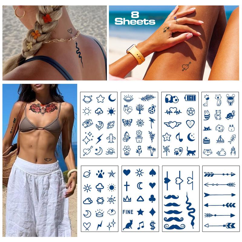 Fresh,Simple Tattoo , 8 Sheets Medium Semi Permanent Tattoo, Temporary Tattoos, Last 1-2 Weeks, Waterproof, Realistic Look, No Adhesive, No Reflection sticker