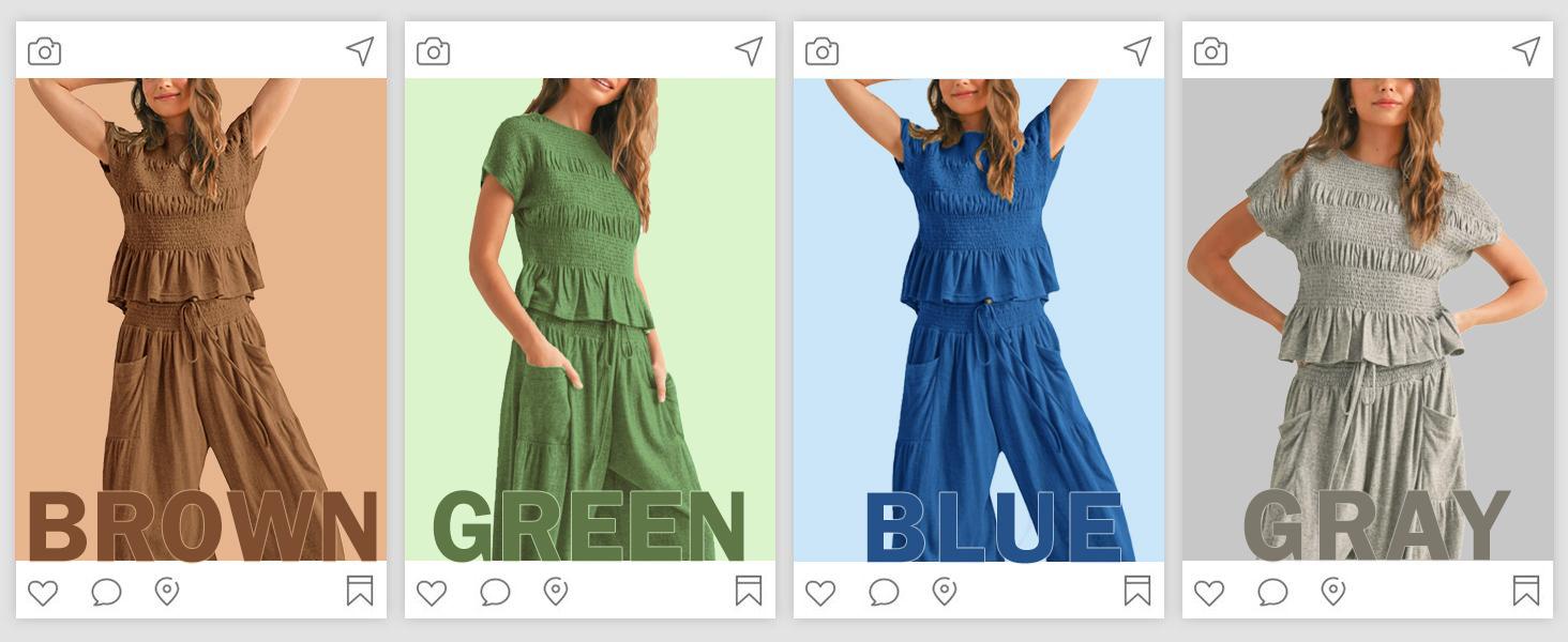 Tanming Women’s FallFreshness 2-Piece Smocked Top & Wide-Leg Pants Set–High-Waisted Lounge Outfit with Pockets Casual Boho Matching Set