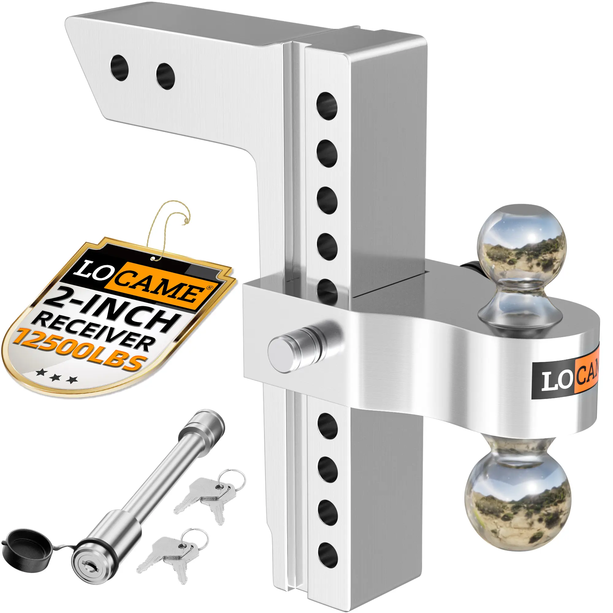 LOCAME Adjustable Trailer Hitch, Fits 2-Inch Receiver Only, 10-Inch Drop/Rise Aluminum Drop Hitch, 12,500 LBS GTW-Tow Hitch for Heavy Duty Truck with Double Stainless Steel Locks, Silver