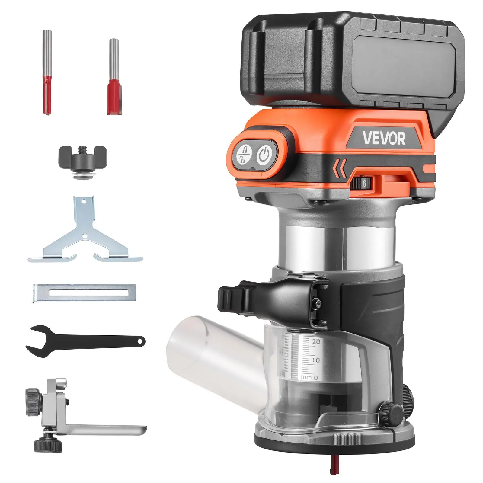 【Summerfinds】VEVOR 18V Brushless Cordless Palm Wood Router, 1/4 in Collet, Fixed Base, Variable Speeds, Cutting Function, LED Light, Adjustable Cutting Depth, Portable Edge Trimmer for Woodworking (Compatible with Makita 18V Batteries, No Battery), Power