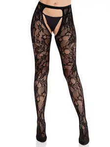 Women's Selene Lace Crotchless Tights, Lingerie Outfits Accessory, Rose-Enhanced Design, Soft Fabric for Daily Wear