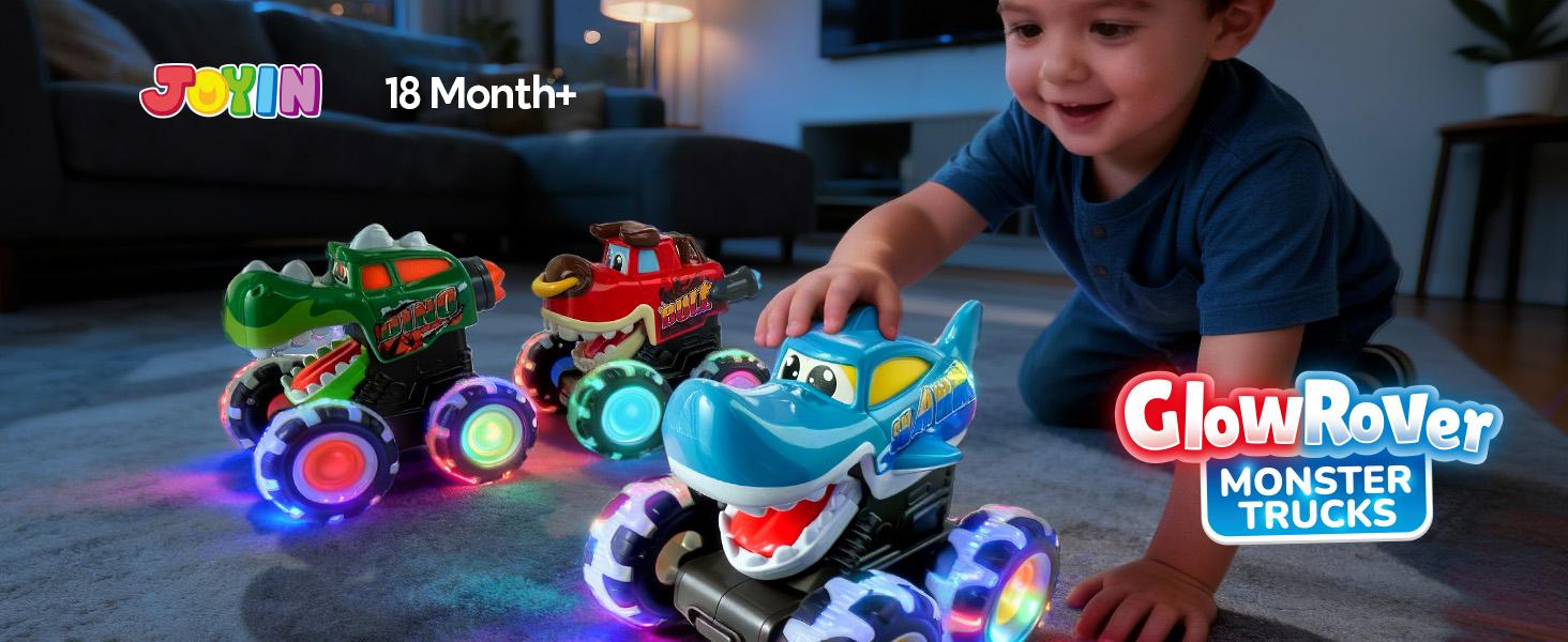 JOYIN Toys for Kids 3 Pack Monster Truck Toy, Motion Activated Light-Up Cars, Press & Go Cars for Boys Girls, Christmas Gifts for Kids Baby Toy Present Dinosaur Carrier Truck, BUMP MONSTER TRUCK SET easter gifts for kids
