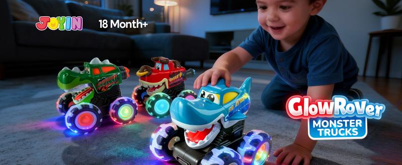 JOYIN Toys for Kids 3 Pack Monster Truck Toy, Motion Activated Light-Up Cars, Press & Go Cars for Boys Girls, Christmas Gifts for Kids Baby Toy Present Dinosaur Carrier Truck,MONSTER TRUCK SET Valentine's Day Gifts for Kids