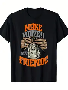 Men's "Make Money Not Friends" Graphic T-Shirt - Olive Army Streetwear Tee with Dollar Bill & Rings Design, 95% Polyester 5% Spandex, Regular Fit Short Sleeve Casual Summer Top, Streetwear Fashion, Bold Print Shirt, Durable Casualwear, Everyday Outfi