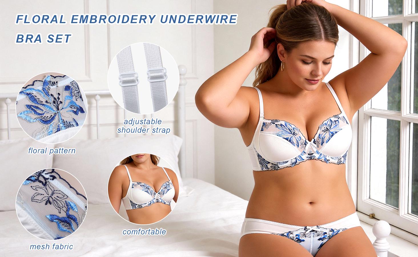 B2LOVER Embroidered Floral Bra Sets Sexy V Neck Bra 2 Piece Sets Uplifting Support Anti-Sagging Breathable Adjustable Straps Women's Bra Set Daily Elegant Fit Womenwear