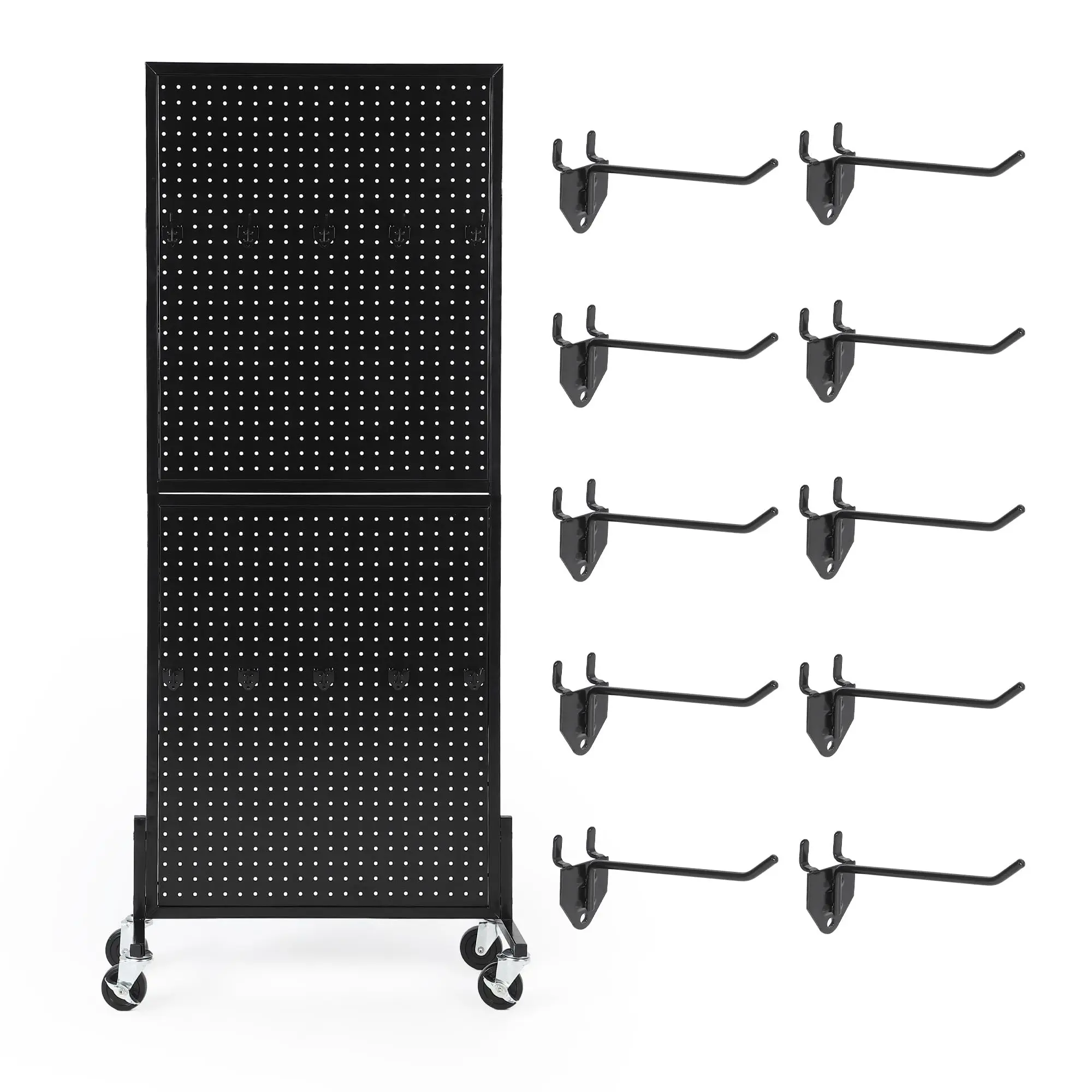 Garvee 2'X5' Steel Expandable Standing Pegboard Display with 10 Hooks, Metal Rack with Heavy-Duty Lockable Wheels & Stable T-Base Hold, Adjustable Floor Organizer for Garage, Retail Vendors (Black)