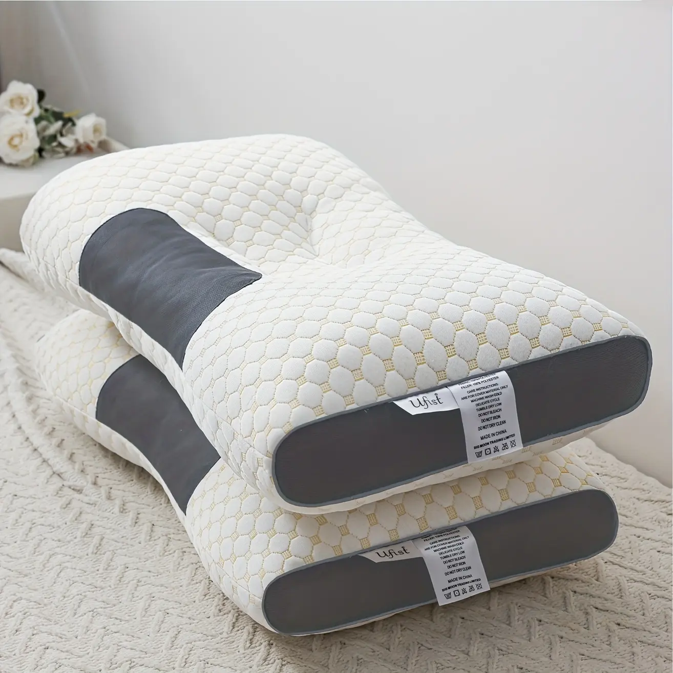 UFIST 2-Piece Cervical Massage Pillow Set - Ergonomic Neck Support Highly Elastic, Fabric Sleep Wonder, Proper Height for Cervical Spine Alignment