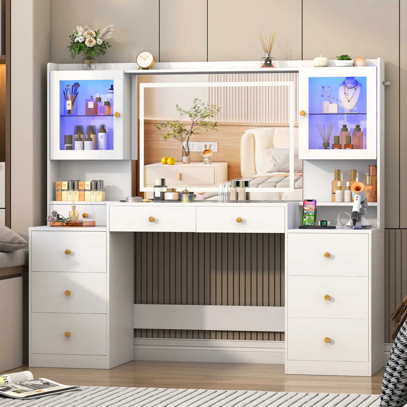 62inch Large Vanity Desk w/ Tempered Glass Top,60000-color LED Lights,Power Outlet, Make up Vanity w/ 3 Lights Mode LED Mirror, Drawers, 2 RGB cabinets LEDs Vanitys Table for Women,Girls