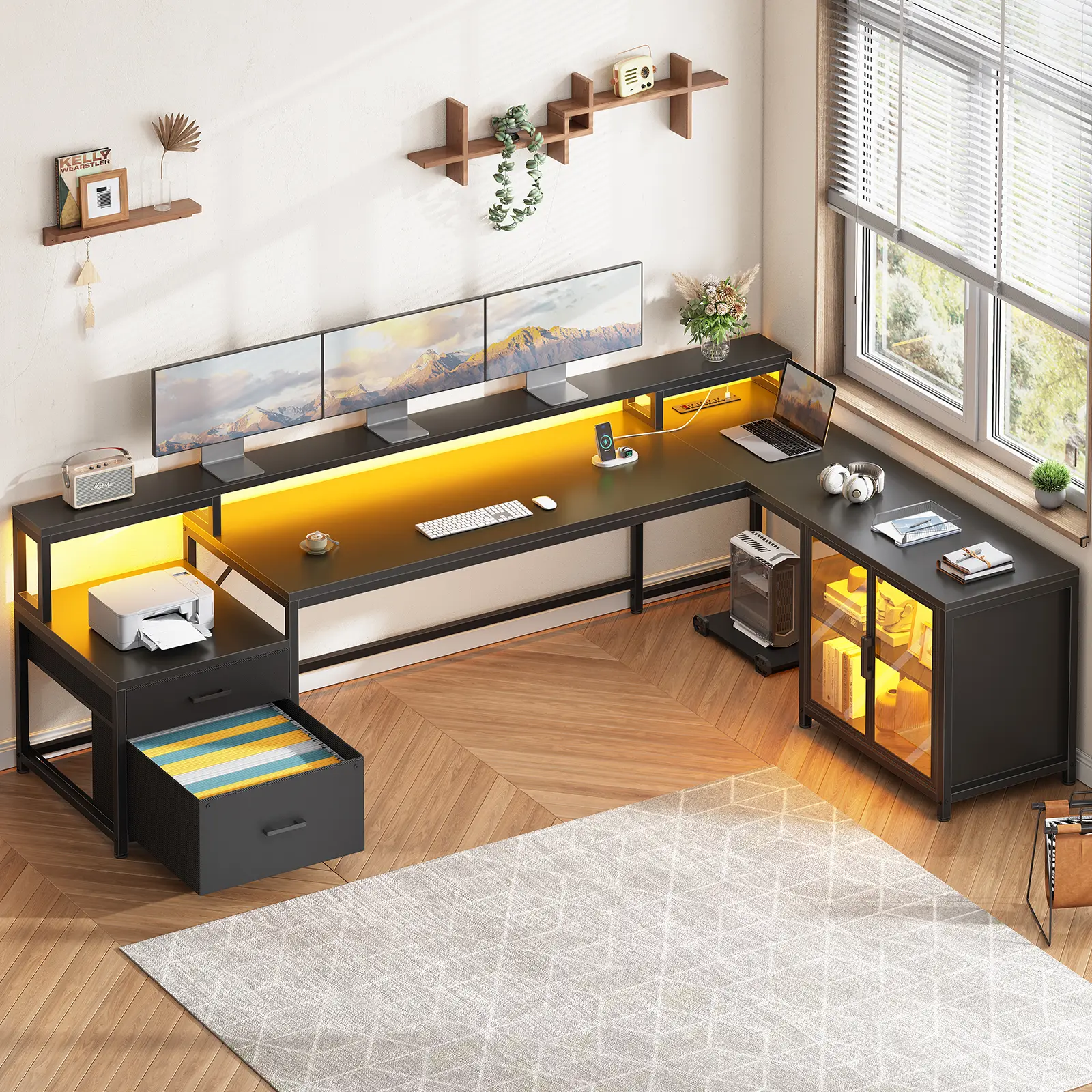 Sedeta 78.7-Inch L-Shaped Modern Wood-Metal Gaming Computer Desk - Modern Corner Desk, Dual Workstation, Multi-Drawer Durable Commercial Office Furniture with LED Lights, Power Outlet, Storage Shelves, Display Cabinet, Assembly Required, Gaming Desk