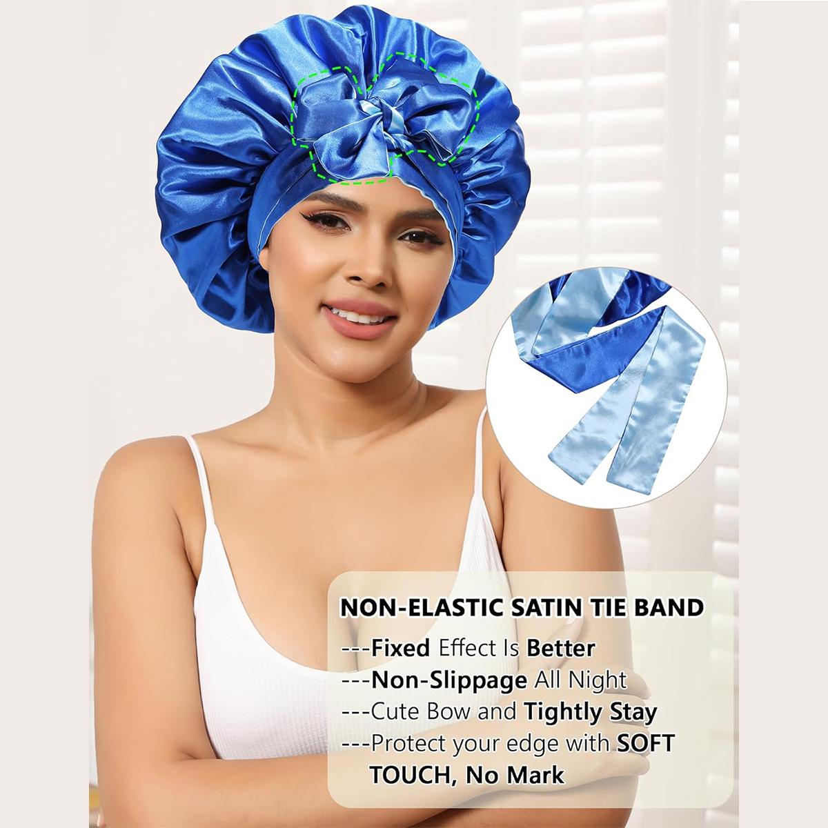 Double-Layer Solid Color Satin Bonnet Silk Like Texture Sleeping Cap for Women Curly Hair Wrap Adjustable Reversible with Tie Band Nightcap Bonnets