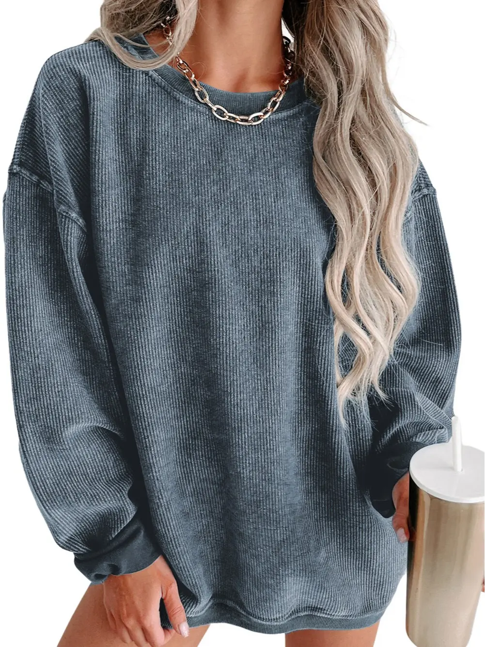 Cali Chic Women's Denim-Inspired Blue Solid Oversized Loose Polyester Knit Tops - Longsleeves, Ribbed Fabric, Vintage Vibes, Basic Comfy Round Neck Sweatshirt