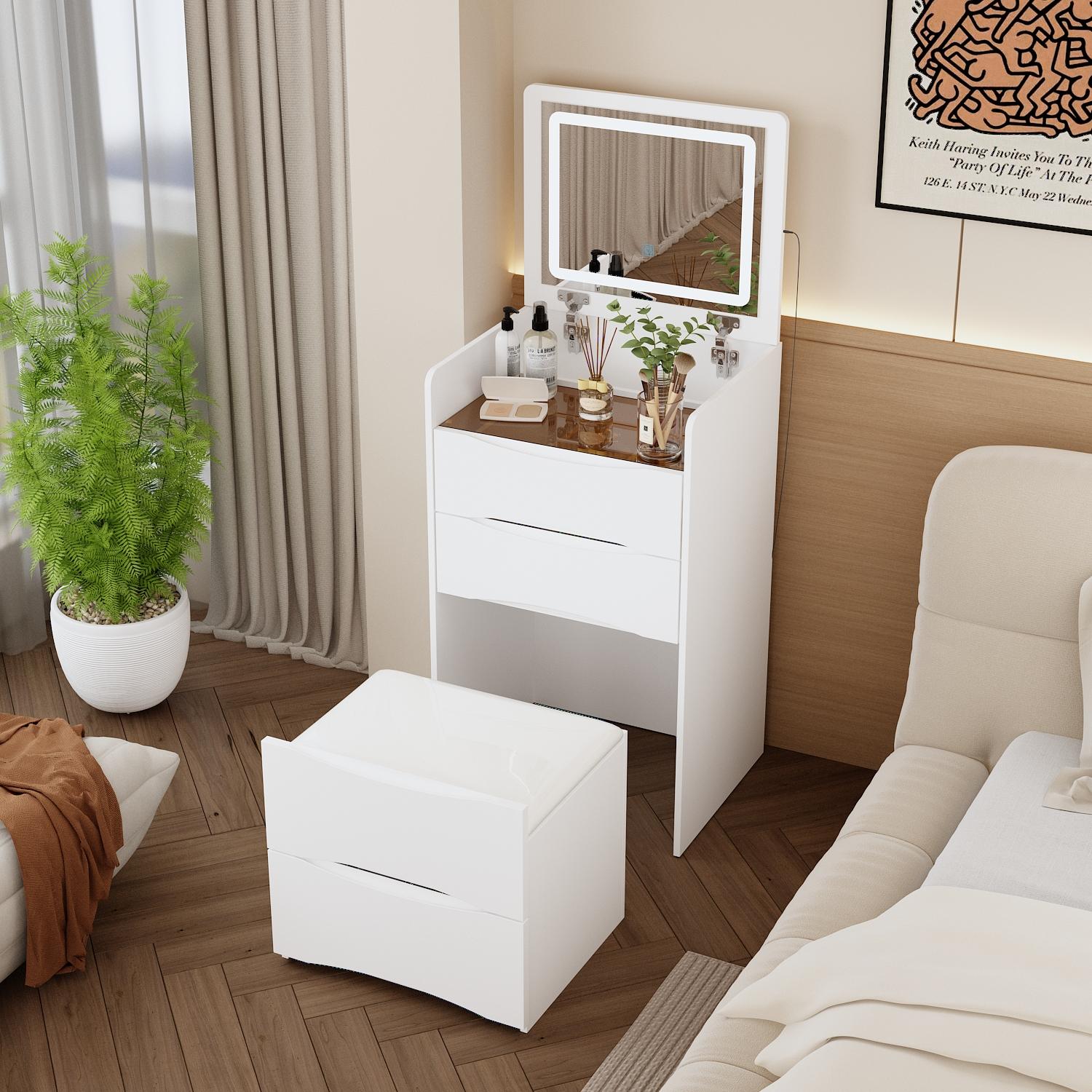 FUFU&GAGA 4 Types Makeup Vanity Desk with 3-Lights Mirror and Drawers for Makeup Equipped with Stool