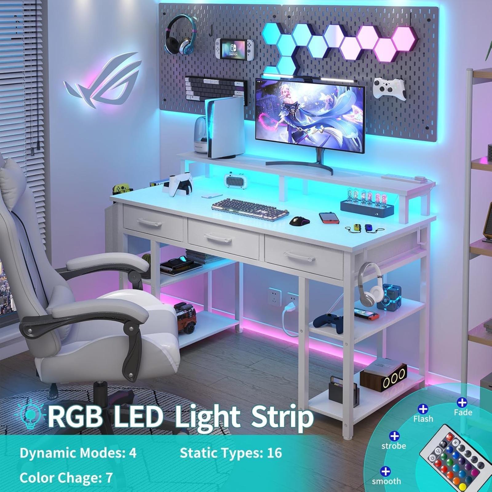 Lufeiya White Computer Desk with Fabric Drawers, 47 Inch Home Office Desk with Monitor Stand Shelves, Writing Study Gaming Desks with Led Lights and Power Outlets for Bedroom, White white computer desk