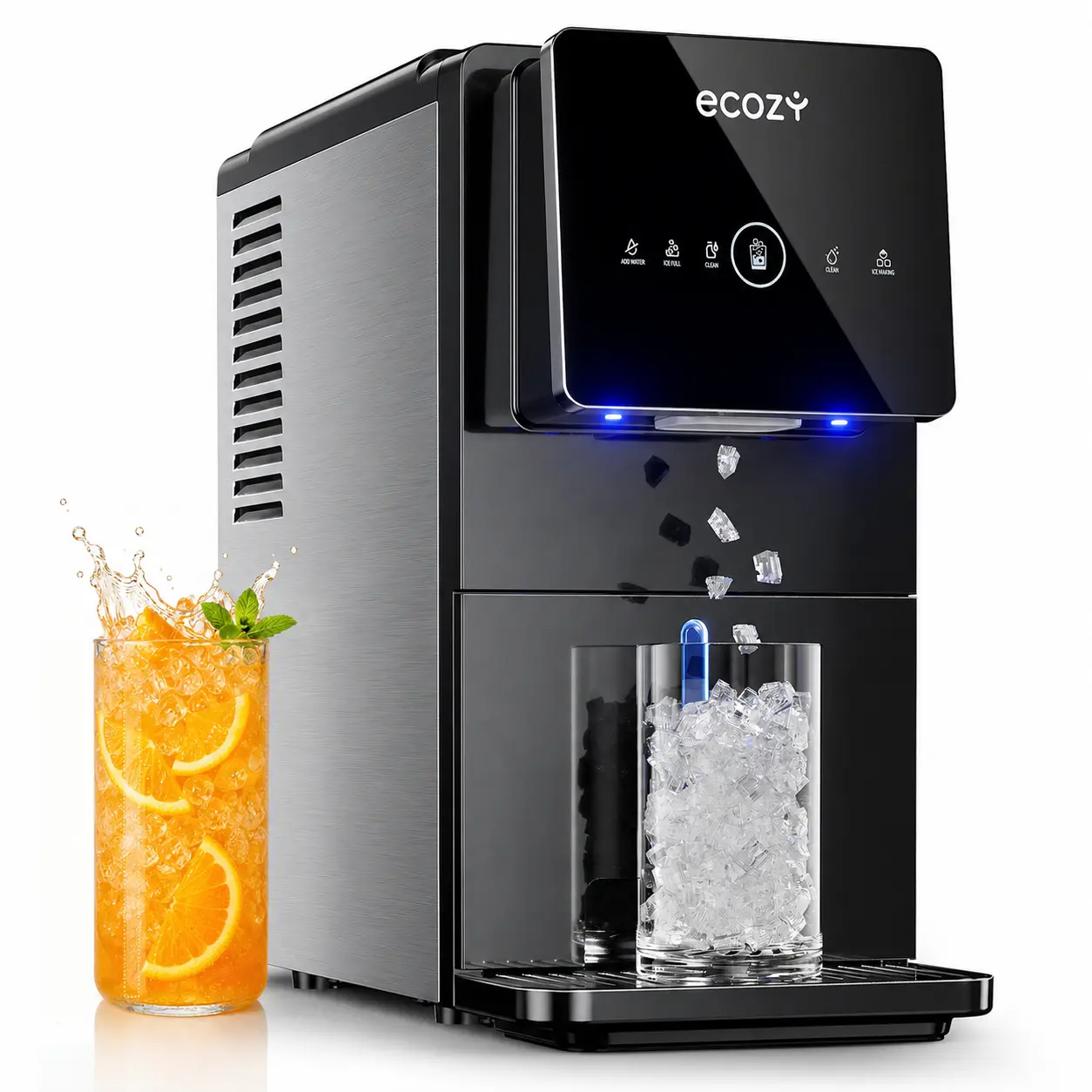 ecozy Nugget Ice Maker Dispenser, 40 lbs Per Day, Touch-Free Ice, Self-Cleaning, Pebble Sonic Ice Machine Countertop, Mistalo Drop Slim for Home Kitchen Office