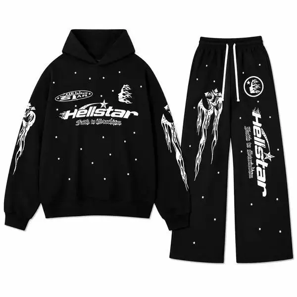 Hellstar Flame Hoodie & Sweatpants Set, Unisex Oversized Streetwear Tracksuit, Casual 2-Piece Outfit for Men & Women, Pullover Hoodie Jogger Set