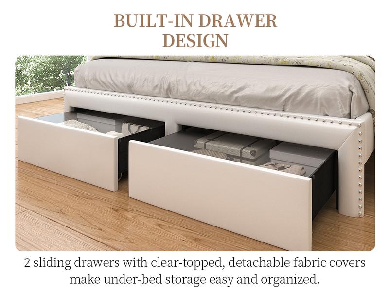 SIBEDS Queen LED Bed Frame with Storage Drawers Modern Platform Bed with 2-Tier Linen Upholstered Wingback Headboard Channel Tufted Rivet Detail No Box Spring Needed
