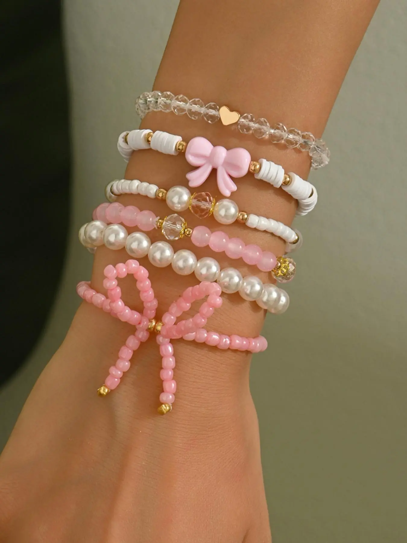 6pcs Pink Series Glass Bead Imitation Pearl Soft Clay Handmade Positioning Beaded Stacking Bracelet Set, Cute Sexy Versatile Vacation Y2K Bow, Stackable Bracelets, Charm Bracelet, Matching Bracelets