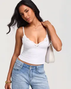 DOBREVA Women's V Neck Double Lined Camisole Tops Lace Trim Sleeveless Fitted Sexy Going Out Y2K Tank Top