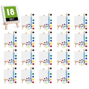 18 Set Mini Acrylic Paint Kit,Mini Stretched Canvas with Easel,Acrylic Paint Strips,Palettes,Painting Brushes,Mini Canvas and Easel Set for Younger Artists Beginner,Gifts,DIY Hand Tools Kits