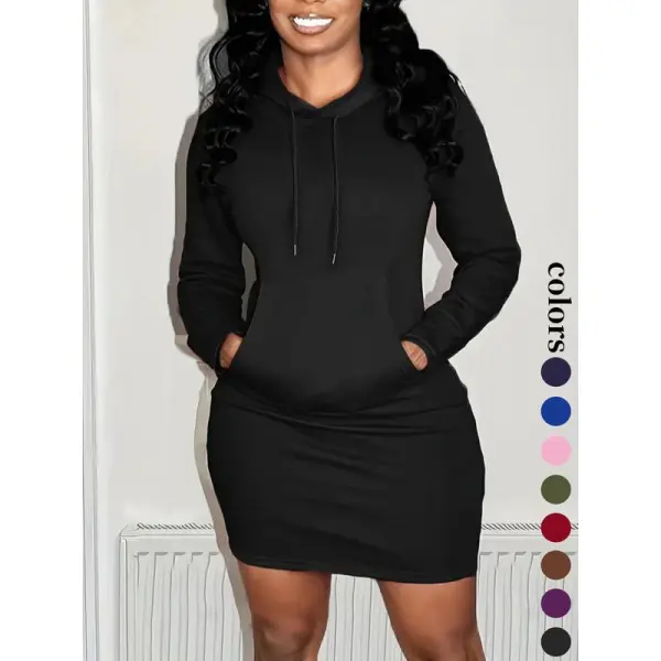 Women's Solid Drawstring Hooded Sweatshirt Dress, Casual Long Sleeve Pocket Dress for Fall & Winter, Ladies Clothes for Daily Wear