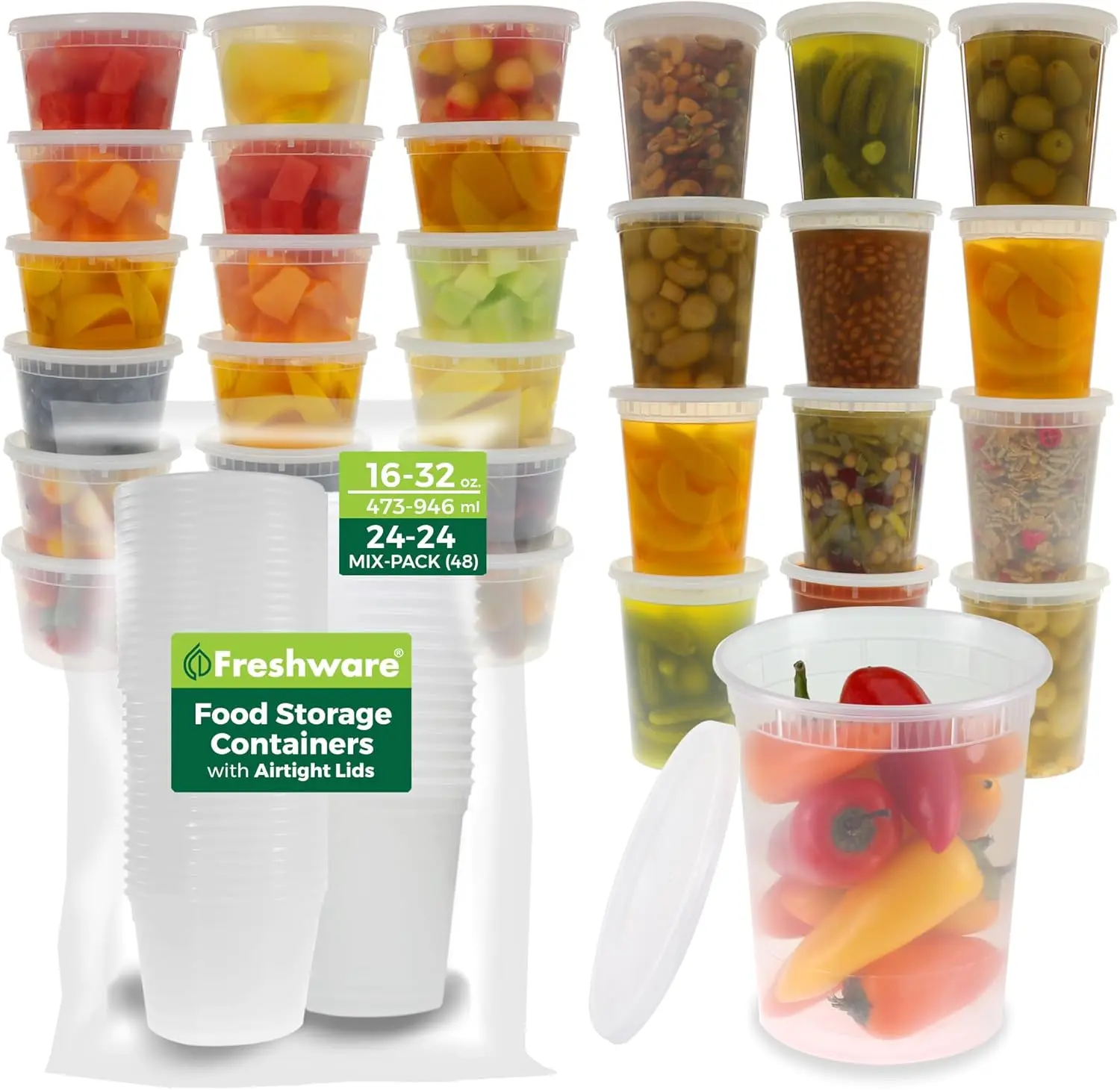 Freshware Deli Containers with Lids 48 Pack, 16 oz & 32 oz, 24 Each, Round Food Storage Containers, BPA-Free, Microwave, Dishwasher & Freezer Safe