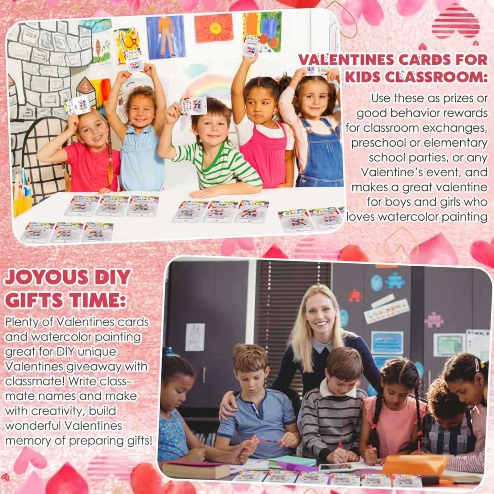 18/50 Pcs Valentine's Mini Watercolor Paint Cards Sets Kids Valentine's Art Gift Includes Valentines Gift Painting Cards  Brush Paint Sets with Adhesive Dots for School Classvalentines teacher students Party Gifts