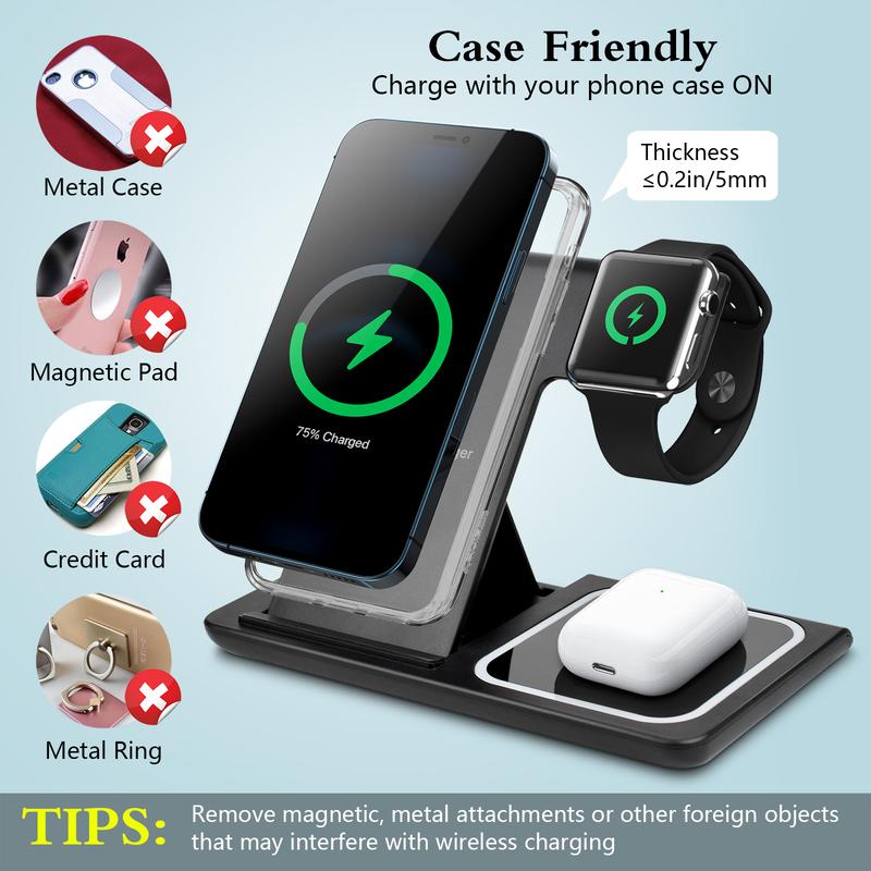 Wireless Charger, 3 in 1 Wireless Charging Station, Fast Wireless Charger Stand for iPhone 18 17 16 15 14 13 12 11 Pro Max XR XS, Apple Watch 8 7 6 5 4 3 2 SE, AirPods Pro 3 2 with QC3.0 Adapter Included