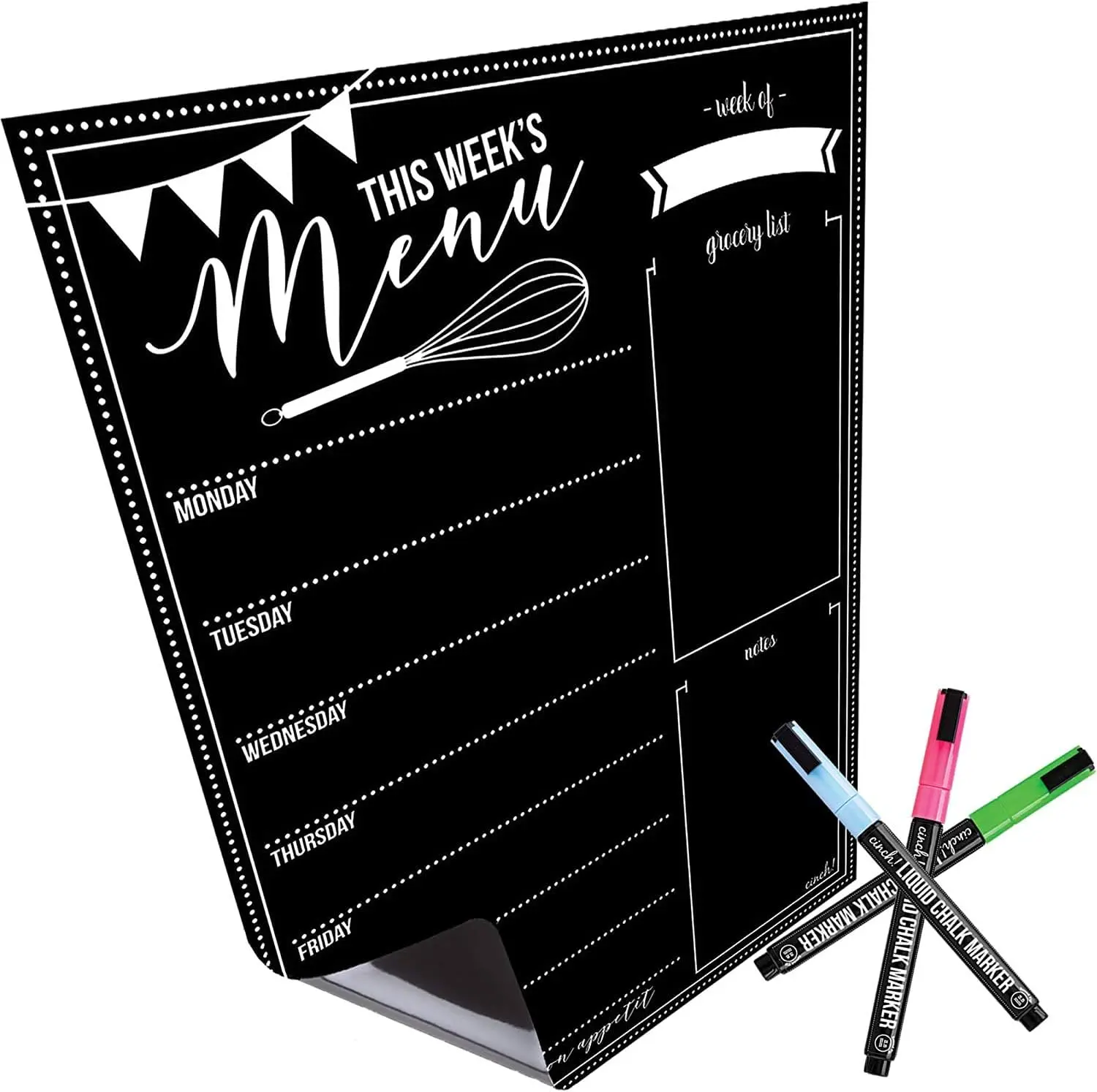 16x12-Inch Magnetic Chalkboard Weekly Organizer - Magnetic Calendar for Fridge, Easy Meal Planning Tool, Grocery List Tracker with Notes Sections, Includes 3 Neon Liquid Chalk Markers, Meal Planner For Fridge