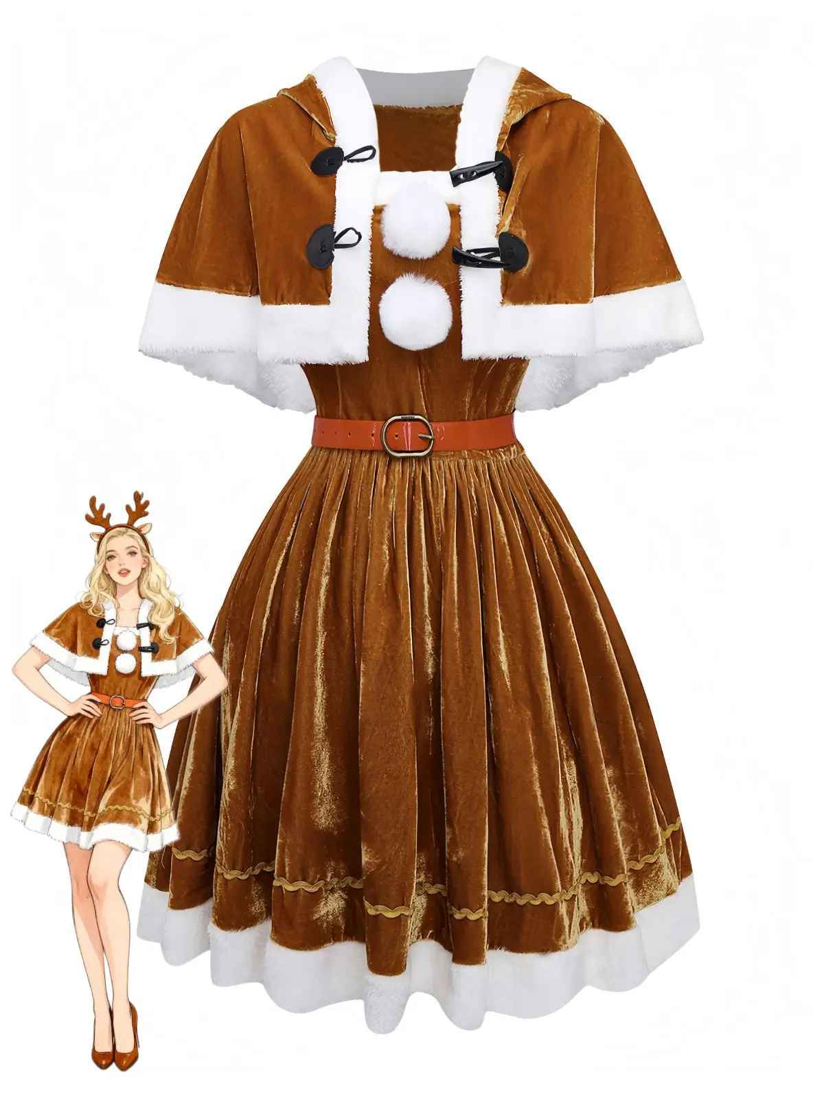 RETRO STAGE Women's Clothes - 5-Piece 1940s Vintage Christmas Moose Cotton Blend Costume Set with Formal Dress, Headband, Gloves & Belt, Button, Costumes, Accessories, Polyester, Elastic, Cold Wash, Knee Length, Dress Up, Dry In Shade, Stretch, Party Fit