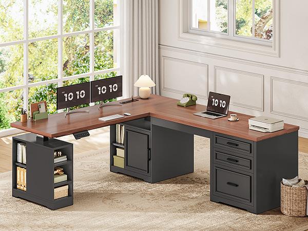 SEDETA Farmhouse L Shaped Electric Standing Desk, 63" x 67" Height Adjustable Home Office Executive Desk with Drawers and Shelves, Standing Computer Desks with Power Outlet for Home Office