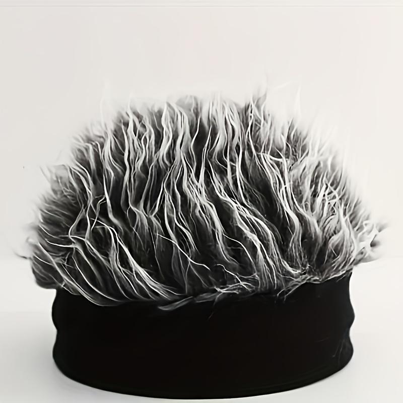 Men'S Funky Faux Fur Knit Beanie Hat - Hip-Hop Style, Straight Hair, No Brim, Perfect for Parties & Cosplay, Black & White Design, Party Accessory |   Funky Beanie |   Faux Fur Hat, Knit Beanie Hat