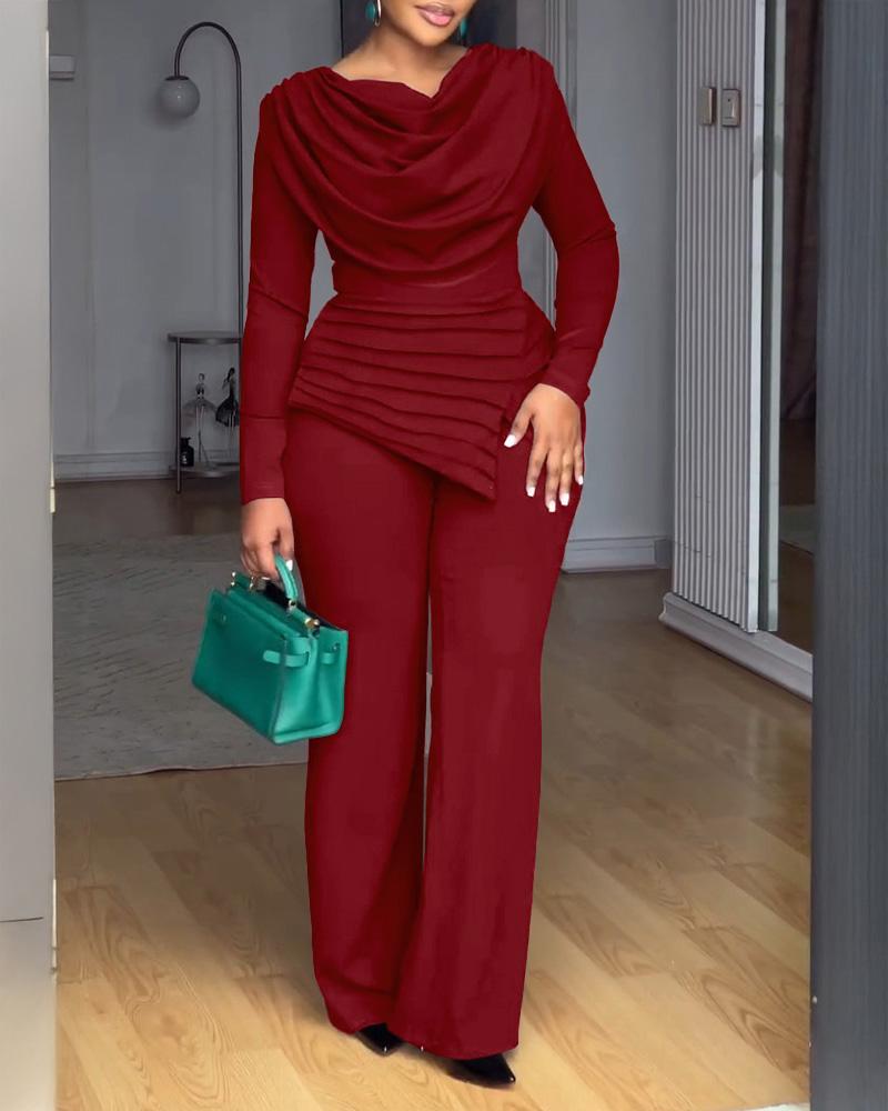 CHICME Cowl Neck Asymmetrical Patchwork Ruched Jumpsuit Wedding Guest Wedding Casual Cinched Waist Zipper Back Straight Leg Jumpsuit