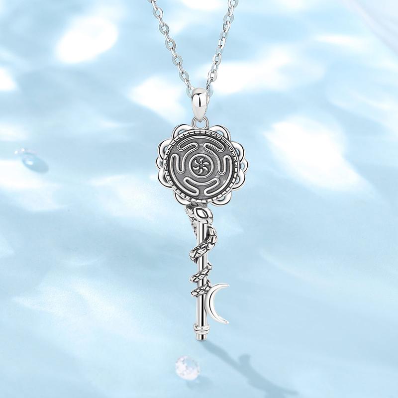 Eudora S925 Sliver Triple Moon Goddess Pendant, Hecate Key Necklace, Witchcraft Jewelry with Coiled Snake, Witchy Hekate Amulet, Spiritual Pagan Gift for Women