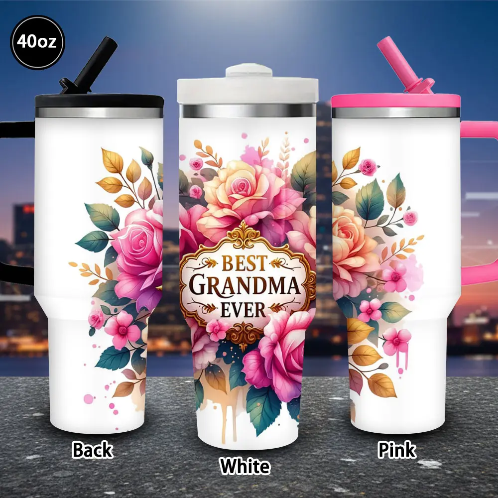 40 oz Insulated Travel Tumbler - 1 Pc Novelty Elegant Floral "Best Grandma Ever" Vacuum Flask with Lid and Straw, Kitchenware Drinkware Mug for Hot/Iced Coffee, Ideal Easter/Valentine’s Day Gift for Women