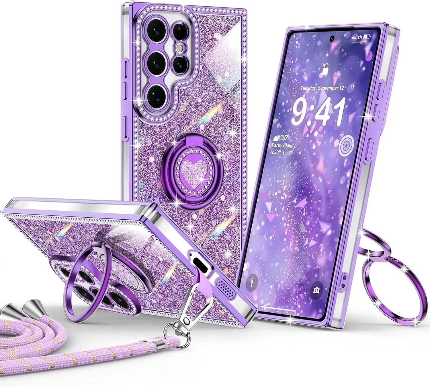 XYZ Smartphone Cellphone Case for Women - Diamond Rhinestone Sparkly Sequin Protective Cover, Double-Ring Heart-Shaped Stand, Lanyard, Durable Shockproof Handheld Accessory Compatible with Apple & Samsung Phones