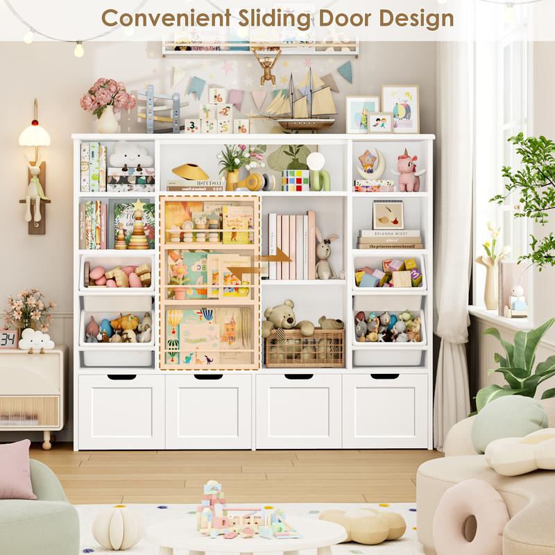FOTOSOK 55.1" W Toy Storage with Sliding Bookshelf, Large Kids Bookshelf with 4 Movable Drawers and 4 Bins