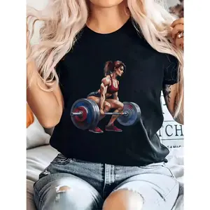 1pc Women's Fitness Graphic Print T-Shirt - Breathable Stretchy Soft Round Neck Short Sleeve Tee with Weightlifting Design for Gym, Casual & Outdoor Activities - All-Season Comfort, Athletic Leisurewear, Motivational Workout Wear, Durable Casualwear, Gym